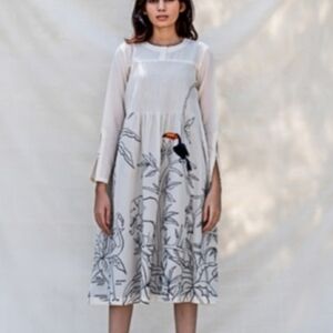 Purvi Doshi Hand-Embroidered Khadi Cotton "Parsi Jungle" Midi Dress - Size M
